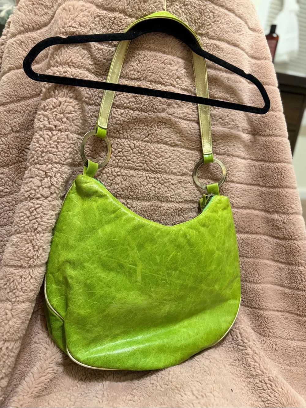 Rare Y2K Janna Kruse Lime Green Gold Leather Shoulder Bag